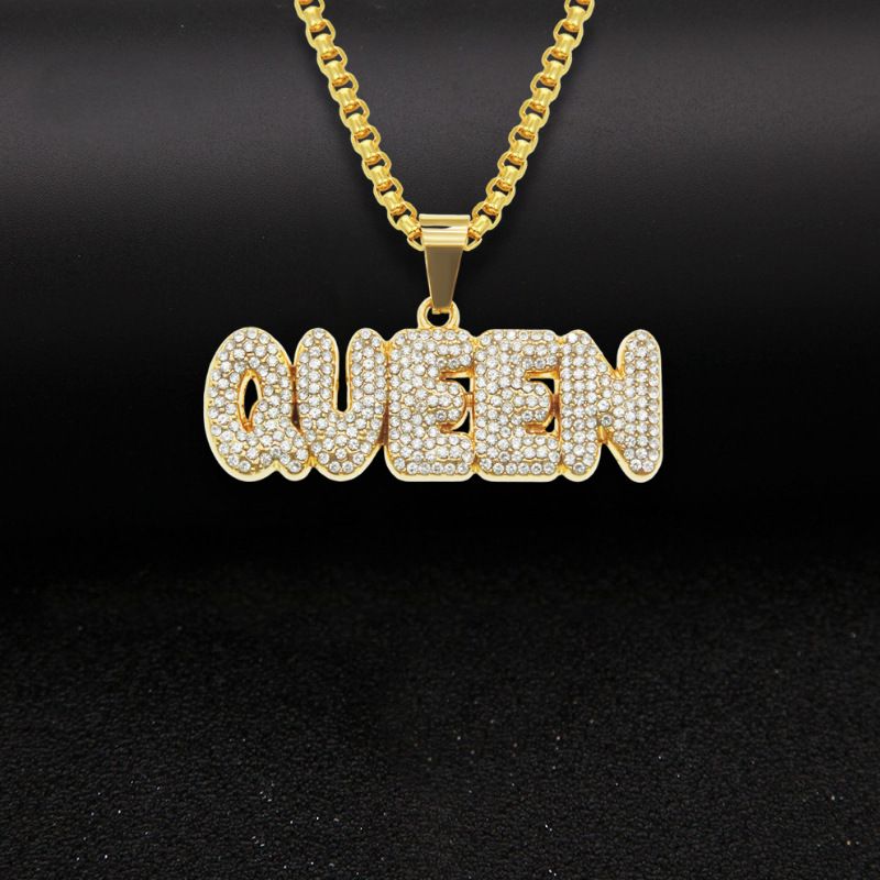 Diamond Studded Rapper's Full Diamond Letter QUEEN Pendant, Hip-hop Cuban Chain Necklace, Necklace_ipsvogv.com