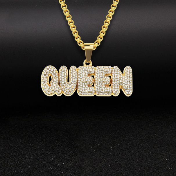 Diamond Studded Rapper's Full Diamond Letter QUEEN Pendant, Hip-hop Cuban Chain Necklace, Necklace_ipsvogv.com