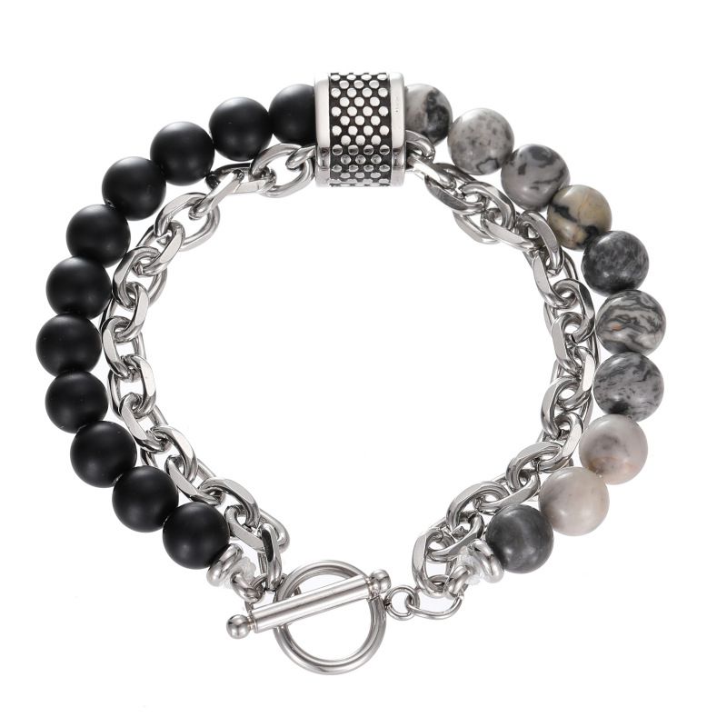 Hip Hop Trendy Men's Titanium Steel Hand Jewelry Double Layer Rattlesnake Tiger Eye Stone Map Stone Stacking Bracelet_ipsvogv.com