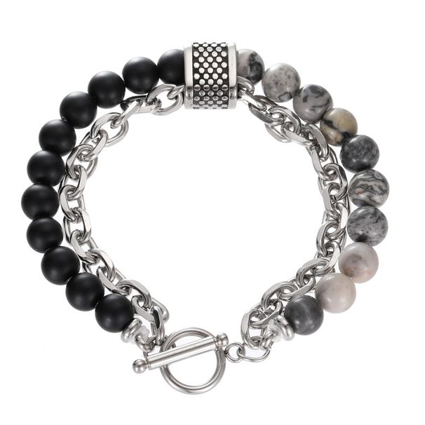 Hip Hop Trendy Men's Titanium Steel Hand Jewelry Double Layer Rattlesnake Tiger Eye Stone Map Stone Stacking Bracelet_ipsvogv.com