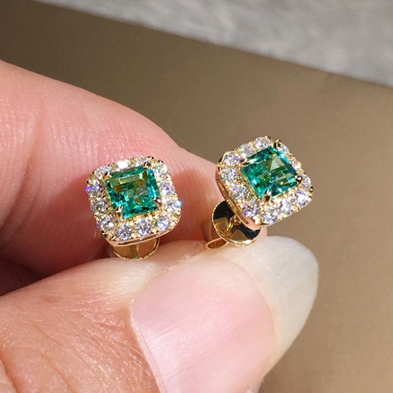 Cao Shi's New Shiny Grandmother Green Square Zircon Simple Basic Earrings_ipsvogv.com