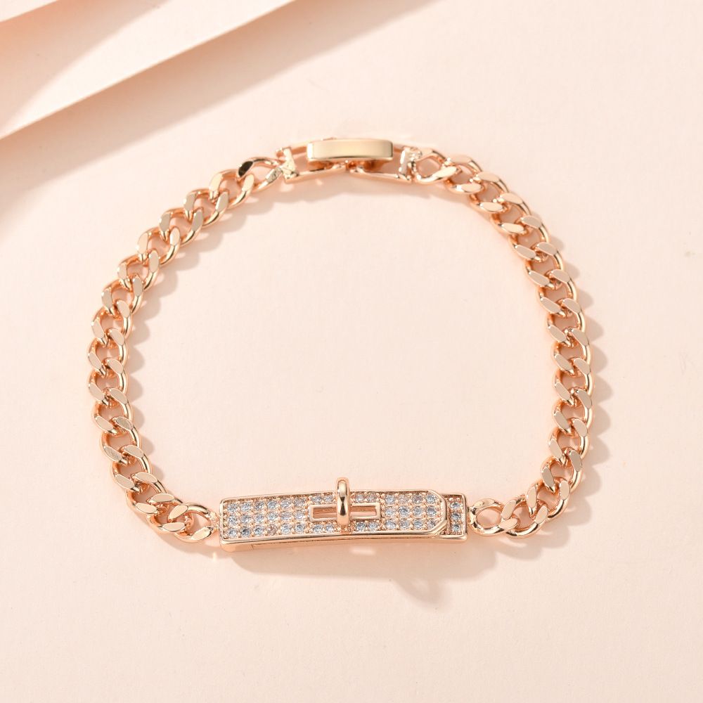 Light Luxury Cuban Chain Full Diamond Button Versatile Champagne Gold Fashion Simple Copper Bracelet_ipsvogv.com
