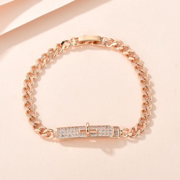 Light Luxury Cuban Chain Full Diamond Button Versatile Champagne Gold Fashion Simple Copper Bracelet_ipsvogv.com