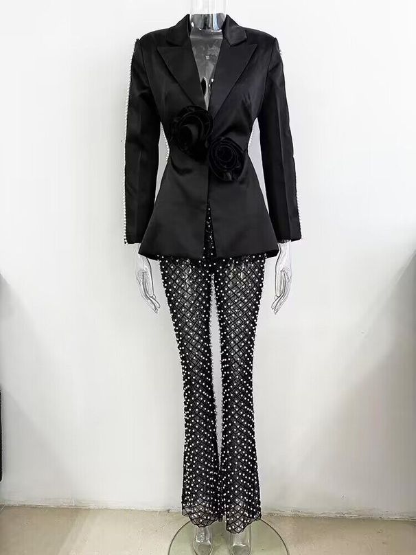 Spot 2024 Spring and Summer New Style Hollow Beaded Three Dimensional Flower Suit Pearl Sequin Mesh Trousers Set_ipsvogv.com