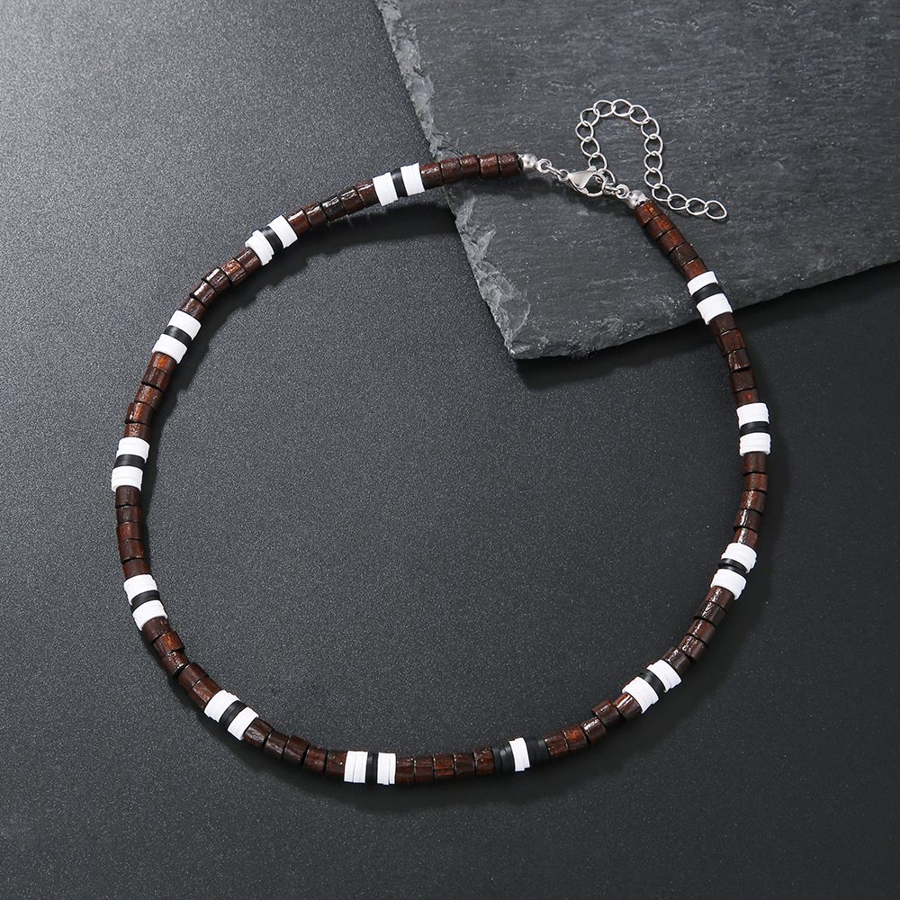 Bohemian Style Soft Clay Pieces Spliced With Wood Pieces Men's Necklace Versatile Black And White Spliced Soft Clay Necklace_ipsvogv.com