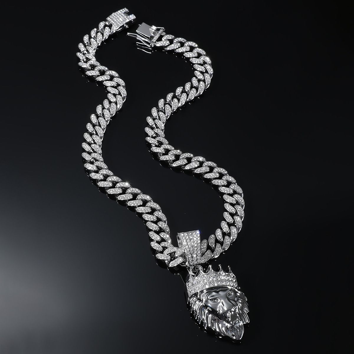 Diamond Crown Lion Head Pendant Hiphop Men's Street Fashion Necklace_ipsvogv.com