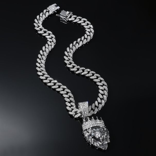 Diamond Crown Lion Head Pendant Hiphop Men's Street Fashion Necklace_ipsvogv.com