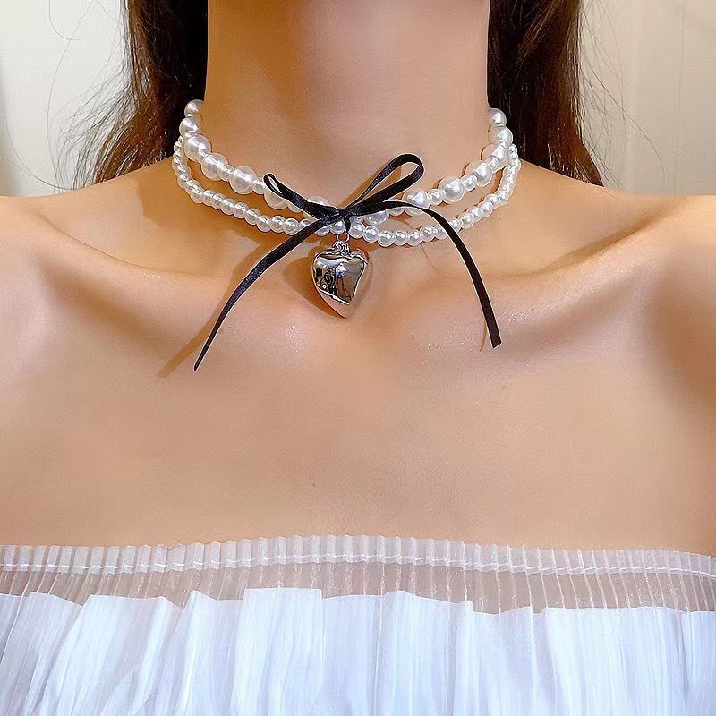 Japanese Korean Sweet Cool Style Black Ribbon Bow Pearl Love Necklace High End, Small And Versatile Double Layer_ipsvogv.com