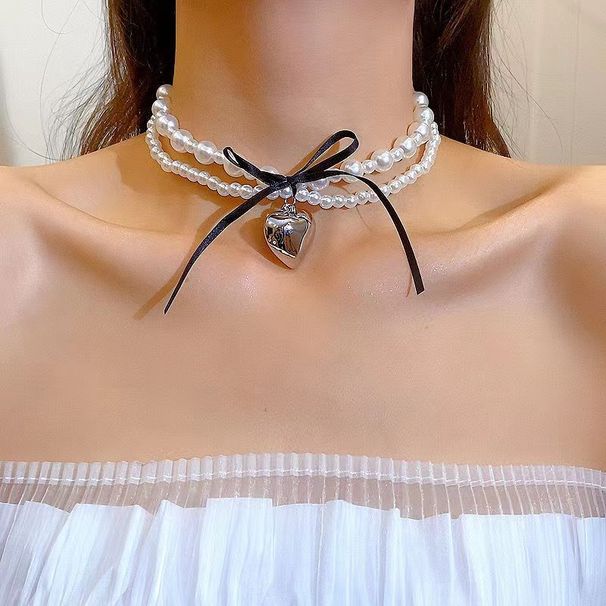 Japanese Korean Sweet Cool Style Black Ribbon Bow Pearl Love Necklace High End, Small And Versatile Double Layer_ipsvogv.com