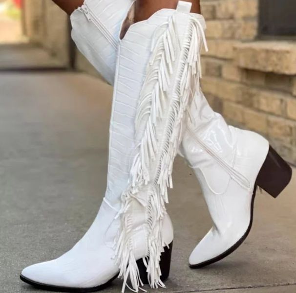 women's cowboy boots, white crocodile pattern tassel boots pointed thick heel knight boots, large size tassel boots women's boots_ipsvogv.com