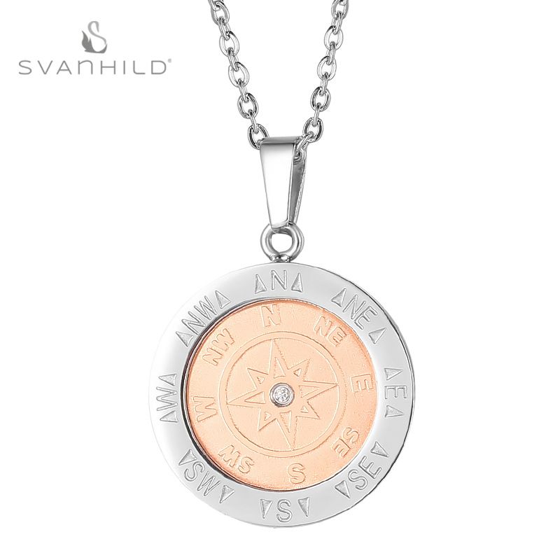 Women's Jewelry Compass Necklace Electroplated Rose Gold Necklace Stainless Steel Compass Engraved Round Pendant Necklace_ipsvogv.com