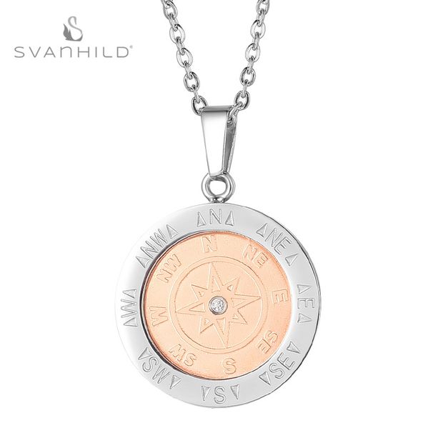 Women's Jewelry Compass Necklace Electroplated Rose Gold Necklace Stainless Steel Compass Engraved Round Pendant Necklace_ipsvogv.com
