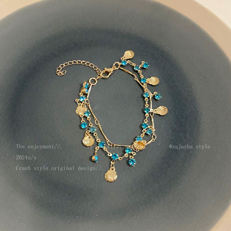 【 28000 People Collection 】 Blue Love~Shell Zircon Necklace, Female Choker Double Layered Stacked Accessories, Light_ipsvogv.com