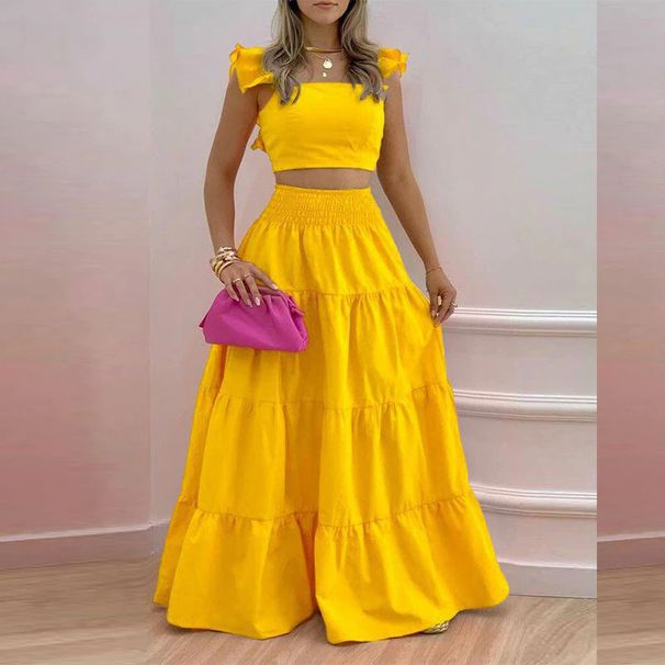 Women's Solid Color Mid-Waist Two Piece Set Sexy Strap Trendy Dress Spring/Summer Casual Ankle-Length Straight Skirt_ipsvogv.com