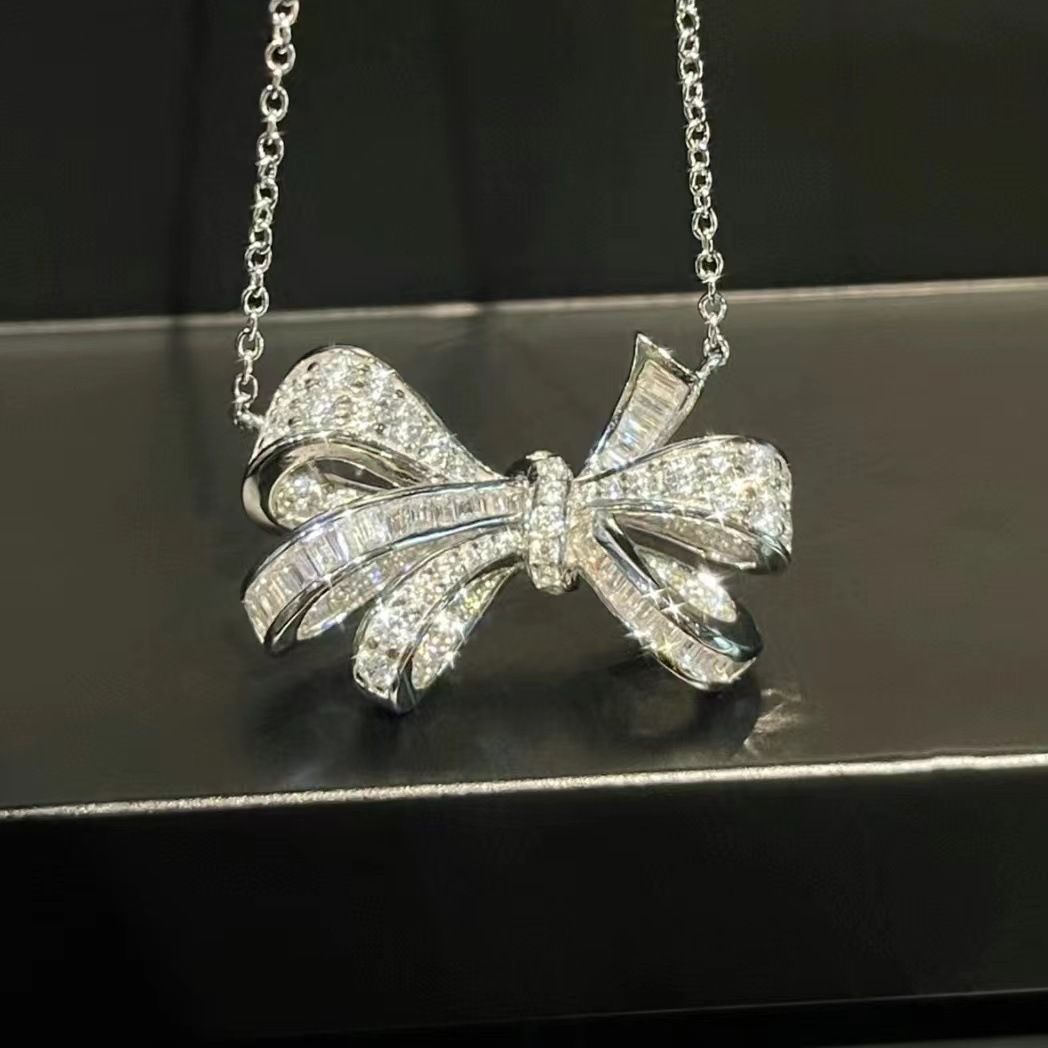 Full Diamond Zircon Bow Pendant With Water Droplets, And Versatile Necklace, Women's Collarbone Chain, New Neckchain,_ipsvogv.com