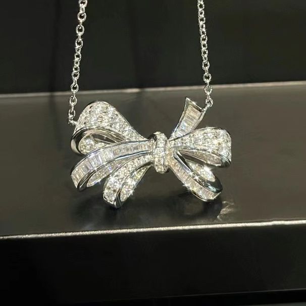 Full Diamond Zircon Bow Pendant With Water Droplets, And Versatile Necklace, Women's Collarbone Chain, New Neckchain,_ipsvogv.com