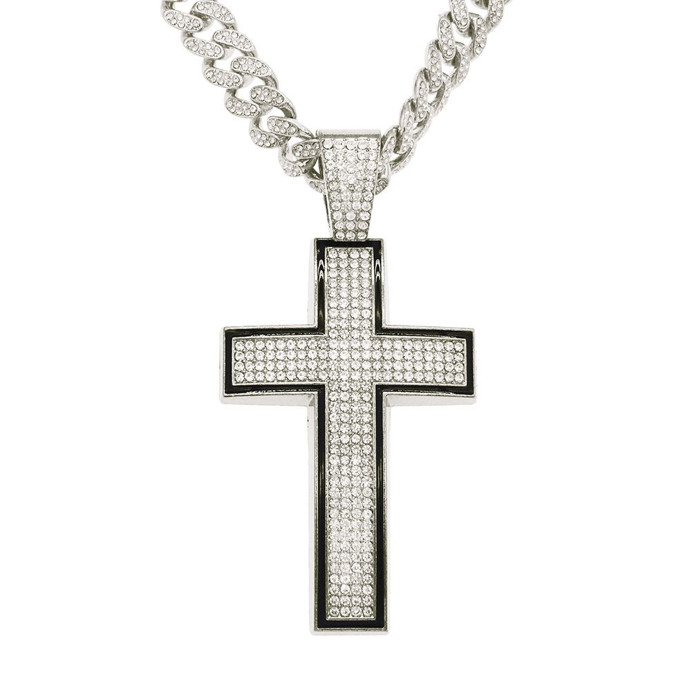 Hip hop men's domineering full diamond cross pendant Cuban chain necklace trendy personality street dance accessories_ipsvogv.com