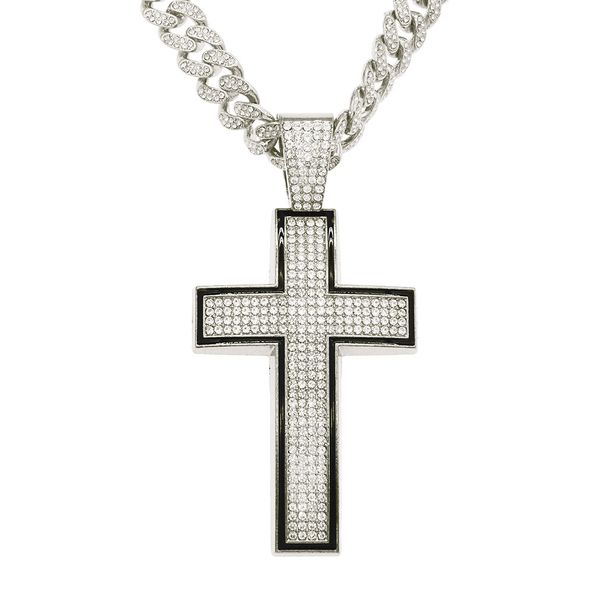 Hip hop men's domineering full diamond cross pendant Cuban chain necklace trendy personality street dance accessories_ipsvogv.com
