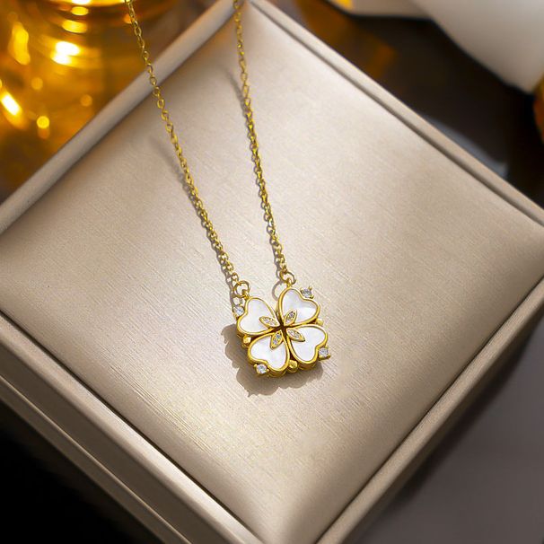 Netizen Love White Shell Four Leaf Grass Necklace for Women's Two Wear Creative Peach Blossom Titanium Steel Lock Bone_ipsvogv.com