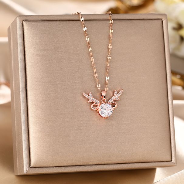 Korean Version Titanium Steel With Zircon Inlay For Women, Featuring Deer Pendant And A High-end Collarbone Necklace_ipsvogv.com