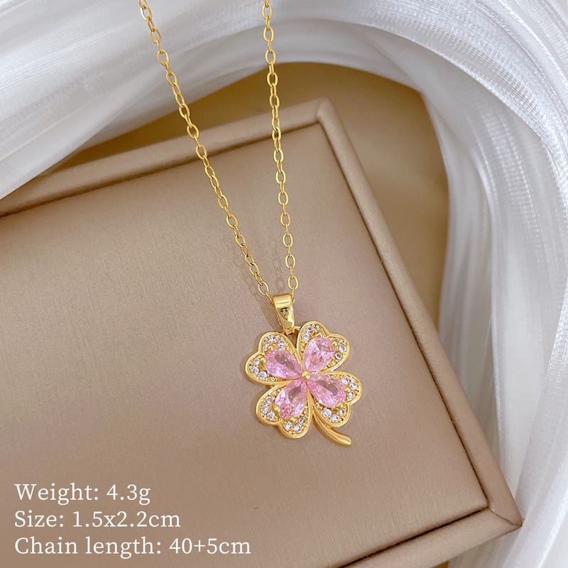 】 Pink 【 Lucky Grass Light Luxury Charm Gorgeous Full Diamond Necklace Women's Versatile Clavicle Chain Titanium Steel 【 】_ipsvogv.com
