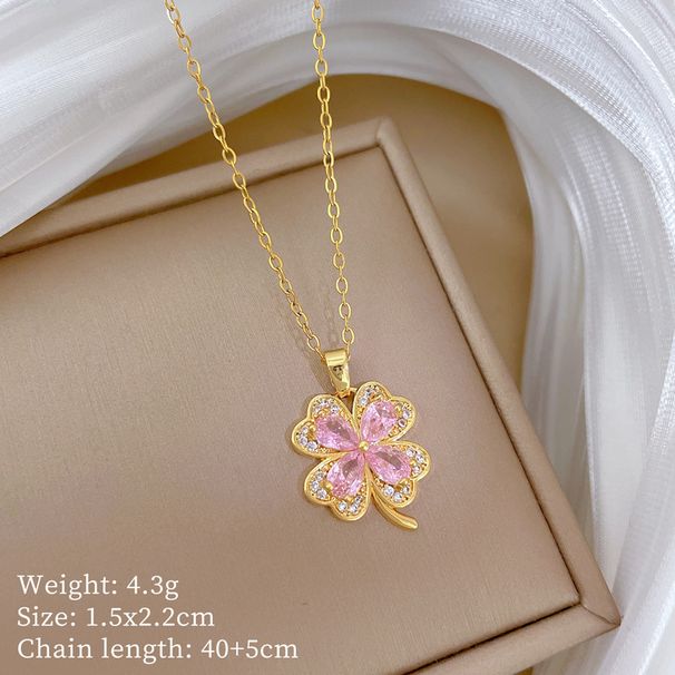 】 Pink 【 Lucky Grass Light Luxury Charm Gorgeous Full Diamond Necklace Women's Versatile Clavicle Chain Titanium Steel 【 】_ipsvogv.com