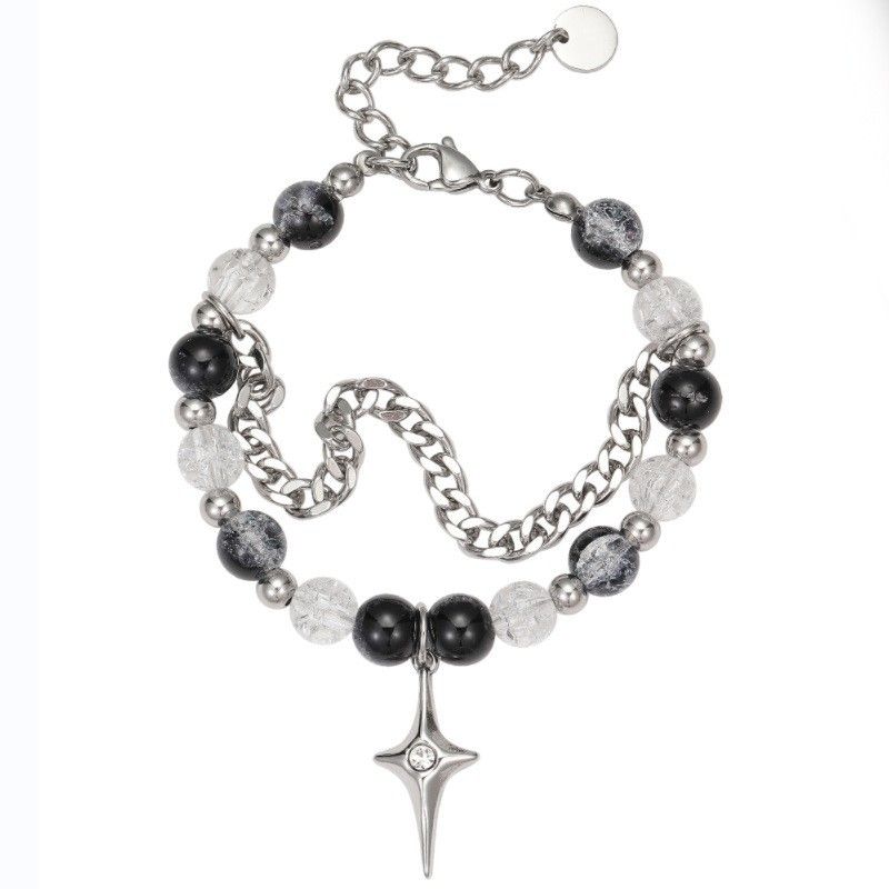Ice Crack Beads Titanium Steel Four Pointed Star Double Layer Stacking Bracelet Cold Style Personality Accessories Trendy Hip Hop Hand Jewelry_ipsvogv.com