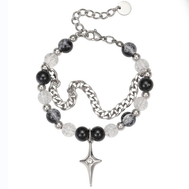 Ice Crack Beads Titanium Steel Four Pointed Star Double Layer Stacking Bracelet Cold Style Personality Accessories Trendy Hip Hop Hand Jewelry_ipsvogv.com
