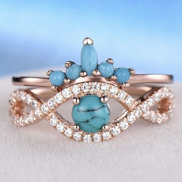 Sanjie Fashion Inlaid Turquoise Ins Wind Internet Red Minimally Rose Gold Couple Ring Female_ipsvogv.com