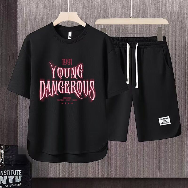 Men's Clothing 2024 Waffle Casual Summer Suit Men's Loose Teen Short sleeved T shirt Shorts Handsome Two piece Suit_ipsvogv.com