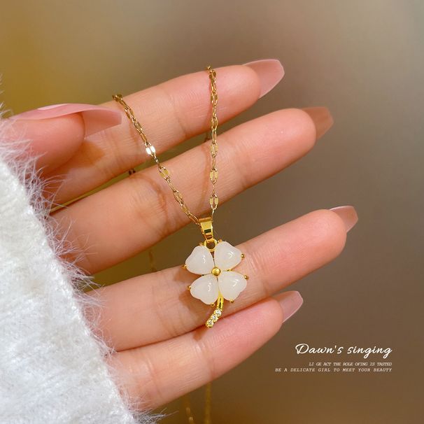 Jade Lucky Grass Light Luxury Charm Gorgeous Full Diamond Necklace Women's Versatile Clavicle Chain_ipsvogv.com