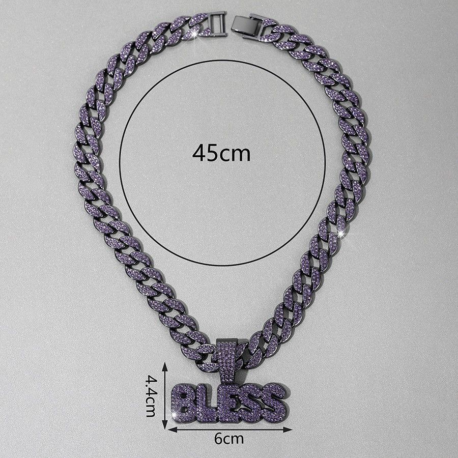 New Hip Hop Full Purple Diamond Letter BLESS Pendant Men's And Women's Alloy Fashion Cuban Necklace_ipsvogv.com