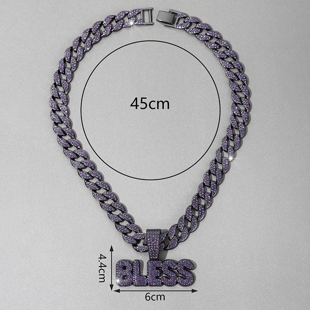 New Hip Hop Full Purple Diamond Letter BLESS Pendant Men's And Women's Alloy Fashion Cuban Necklace_ipsvogv.com