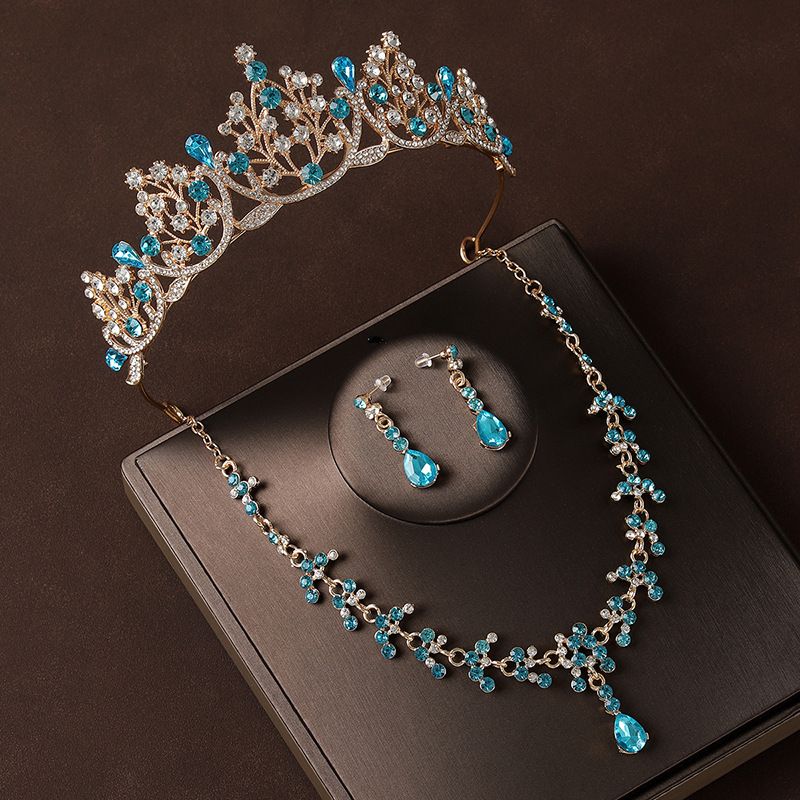 Crown tiara three piece set sky blue princess birthday queen crown necklace earrings bride wedding dress evening dress jewelry_ipsvogv.com