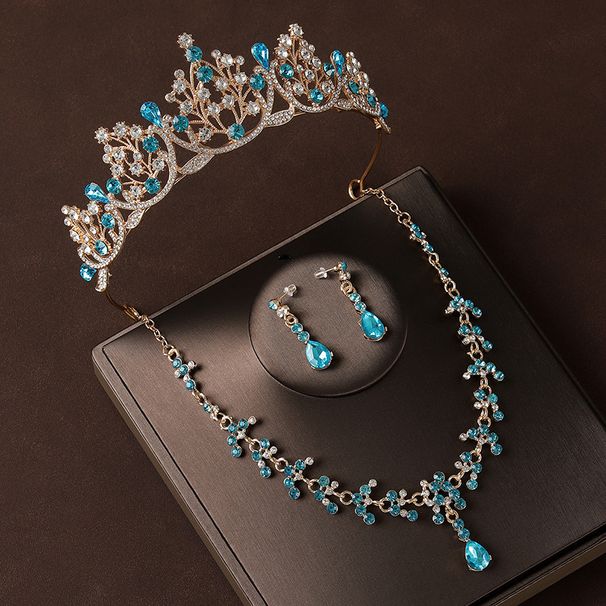Crown tiara three piece set sky blue princess birthday queen crown necklace earrings bride wedding dress evening dress jewelry_ipsvogv.com