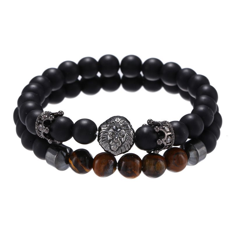 Jewelry Retro Trend 8mm Black Matte Crown Lion Head Tiger Eye Stone Elastic Set Bracelet Men_ipsvogv.com