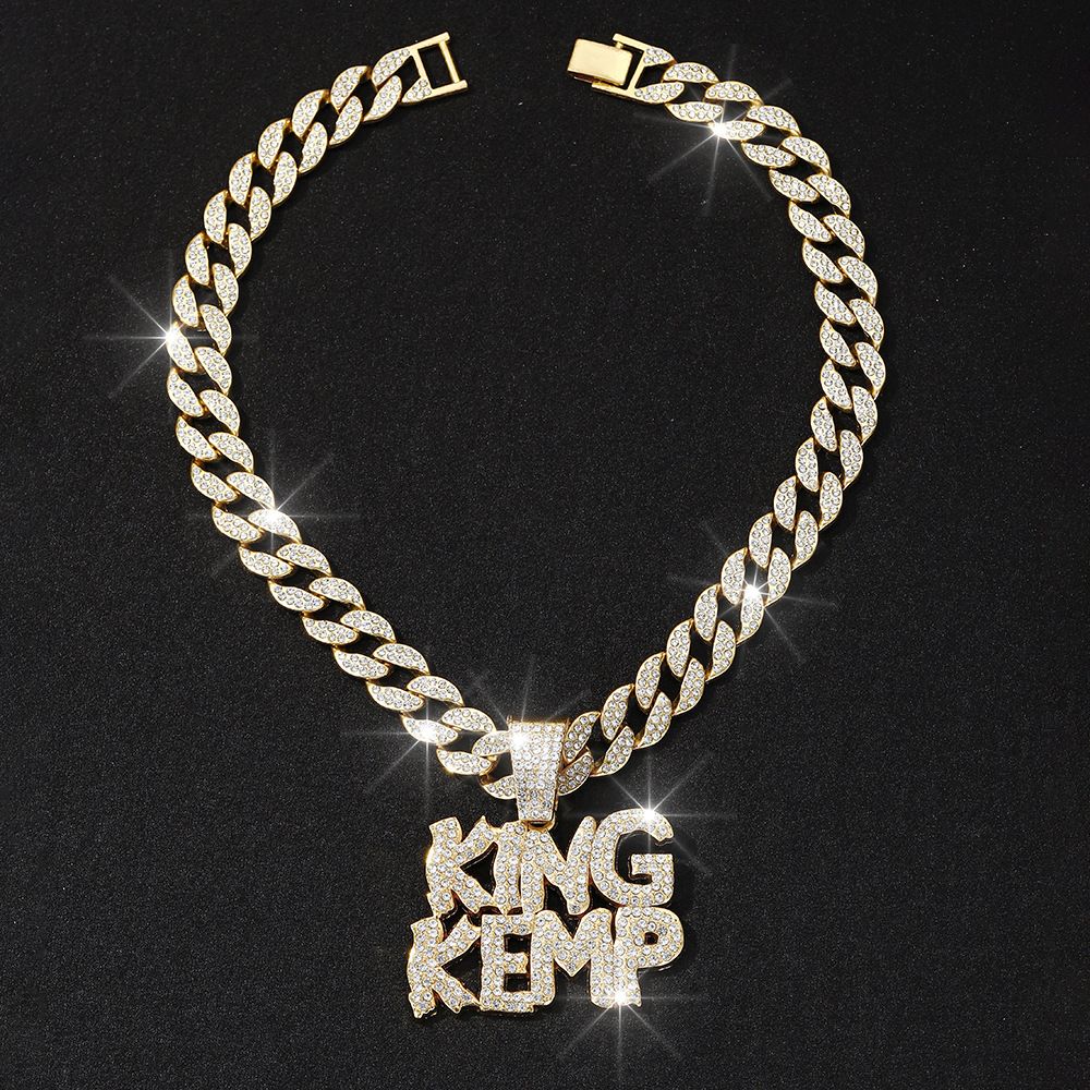 Letter KINGKEMP Alloy Pendant Hip-hop Trend Full Diamond Fashion Cuban Chain Necklace Jewelry_ipsvogv.com
