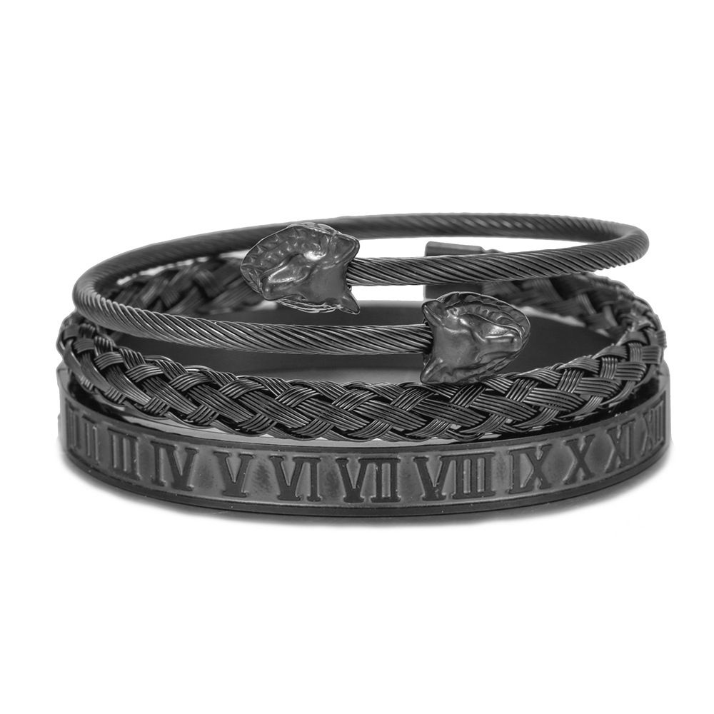 Bangles Bracelet Viking Wolf Three Piece Set Stainless Steel Wire Braided Rope Roman Numeral Bracelet_ipsvogv.com