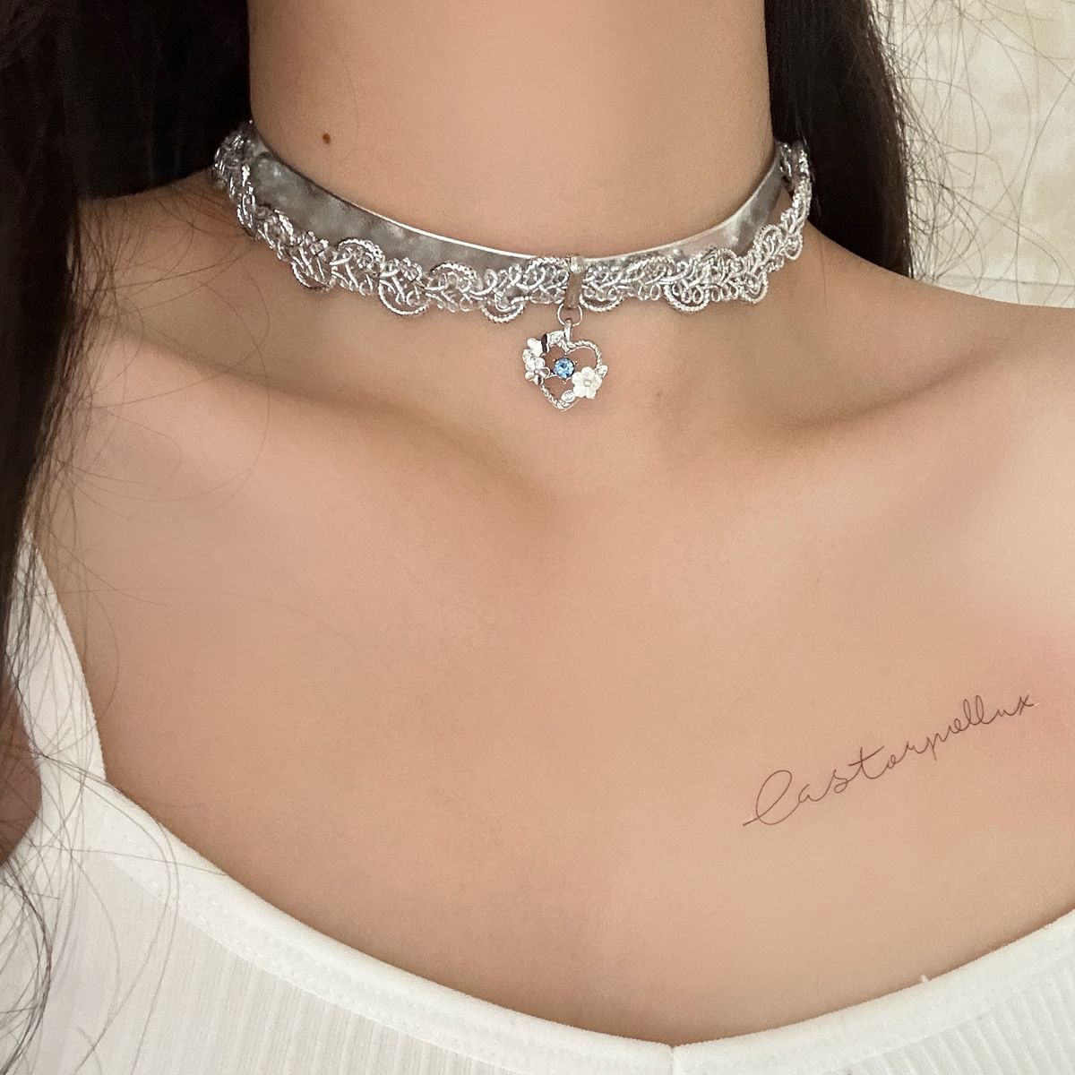 Silver Lace Double Layer Leather Cord Short Sweet Cool Girl Niche Choker High-end Sense Necklace_ipsvogv.com