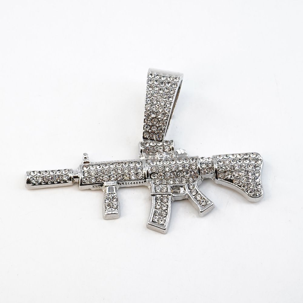 Men’s Jewelry Set Fashion Alloy Diamond Gun Pendant Sexy Nightclub Accessories Pendant Necklace Personality Full Diamond Cuban Chain Tag Hip Hop_ipsvogv.com