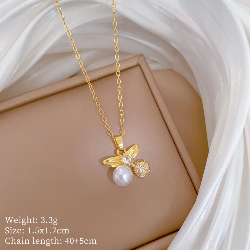 【 Titanium Steel 】 Necklace Earring Light Luxury Full Diamond Pearl Cherry Personalized Temperament Banquet Earrings Set_ipsvogv.com