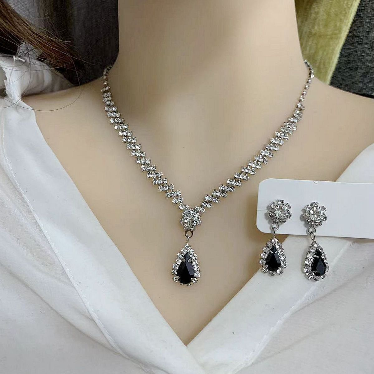 Wedding Zircon Droplet Pendant Bride's Water Diamond Silver Plated Wedding Accessory Necklace, Earring Set, Collarbone_ipsvogv.com