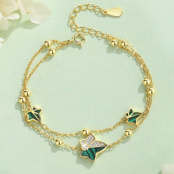 S925 Silver Ivy Leaf Inlaid Zircon Malachite Bracelet Double Layered Bracelets_ipsvogv.com