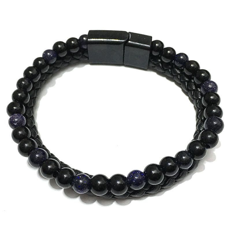 Volcanic Natural Stone Tiger Eye Beaded Bracelet For Men With Cowhide Cord And Agate Bangle Jewelry_ipsvogv.com