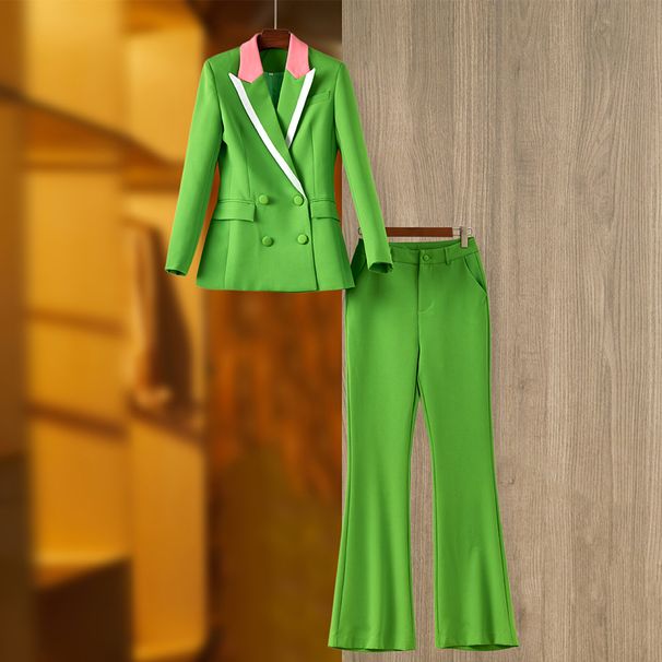 Women's emerald green spliced suit collar top wide-leg trousers temperament fashion two-piece trouser suit_ipsvogv.com