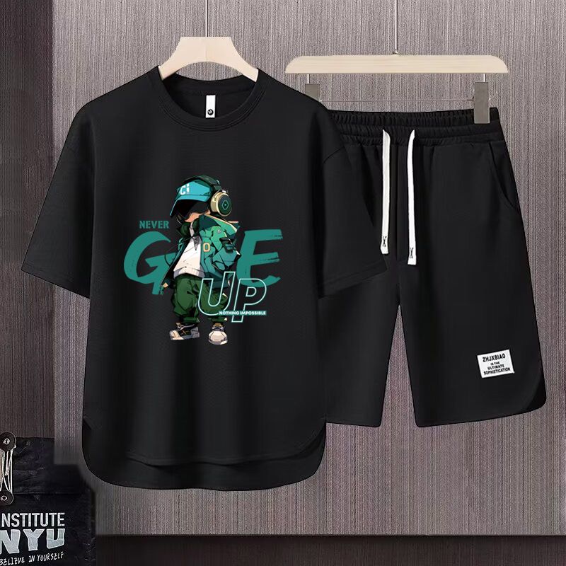 Men's Clothing 2024 Waffle Casual Summer Suit Men's Loose Teen Short sleeved T shirt Shorts Handsome Two piece Suit_ipsvogv.com