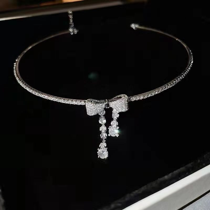 bow Studded Zircon With ! Diamond Tassel Collar, Fashionable, Light Luxurious, High-end, Elegant Necklaces, Niche And_ipsvogv.com