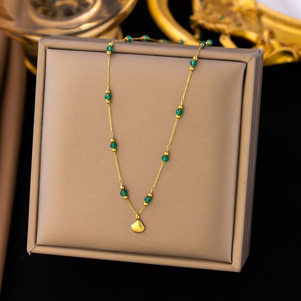 French Plated Shell Pendant, Green Beads, Titanium Steel Necklace, Women's Design Temperament, Collarbone Chain_ipsvogv.com
