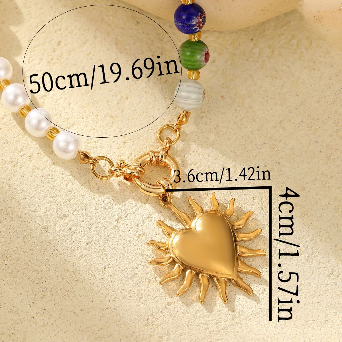 True Gold Stainless Steel Heart-shaped Sun Pendant, Colorful Glass Bead Necklace, Popular_ipsvogv.com