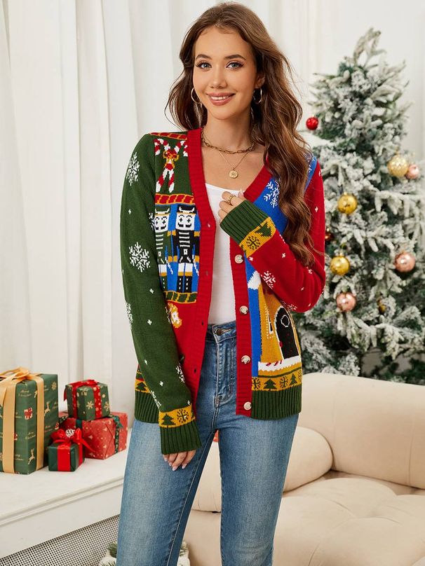 Women's Clothing autumn and winter long sleeved knitted jacket Christmas sweater cardigan contrast color jacquard Christmas sweater_ipsvogv.com